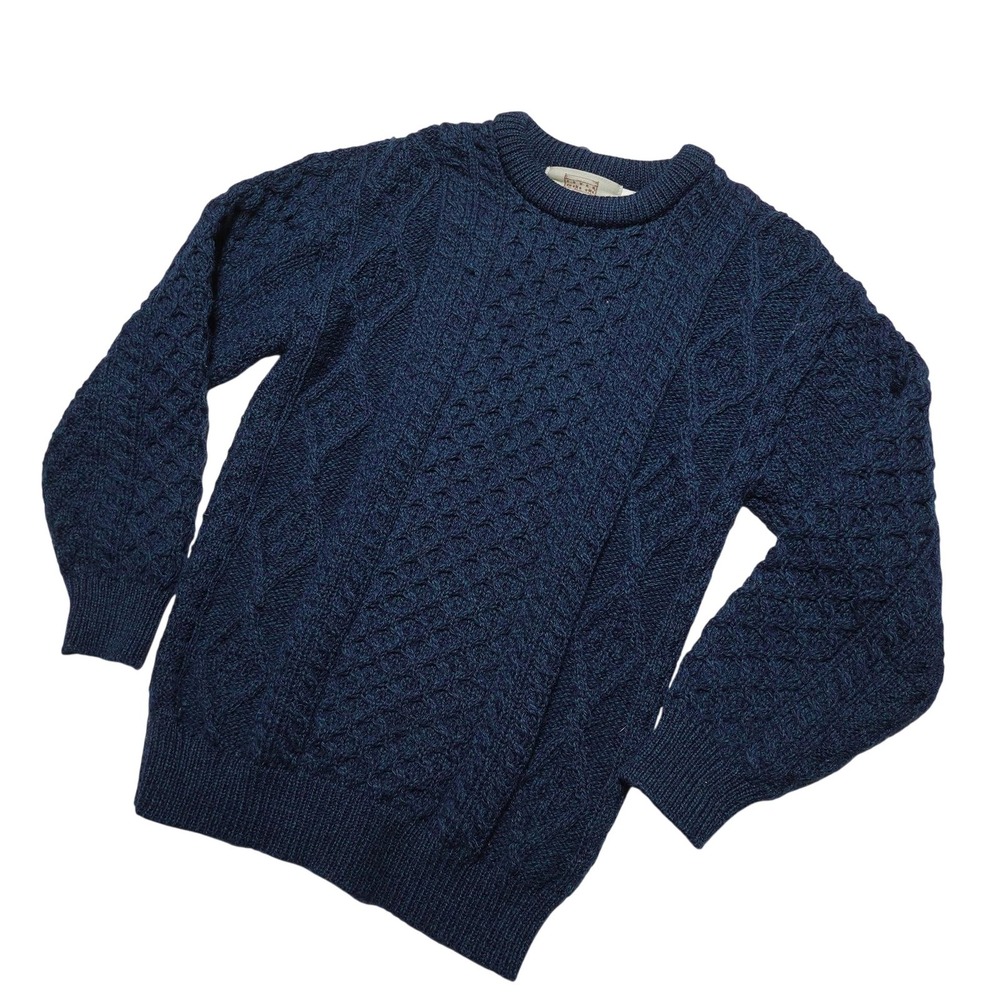 Aran Sweater Market Sweater Mens Small Blue Wool Cable Knit Pullover Irish